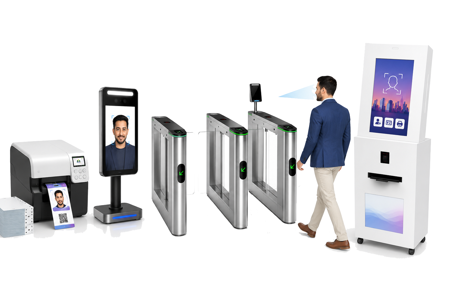 Navon Face Recognition device ecosystem — camera terminal, turnstiles, kiosk and badge printer
