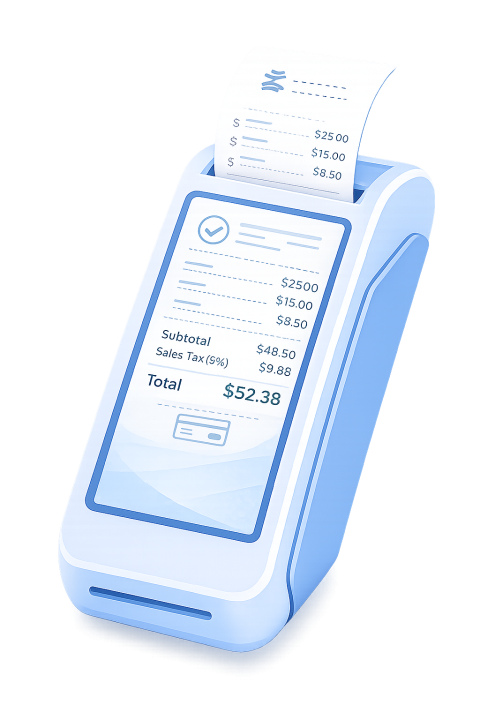 Navon cashless POS device with printed receipt and itemized bill